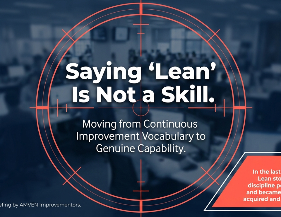 AMVEN executive briefing graphic titled Saying Lean Is Not a Skill, highlighting continuous improvement and process capability for UK businesses.